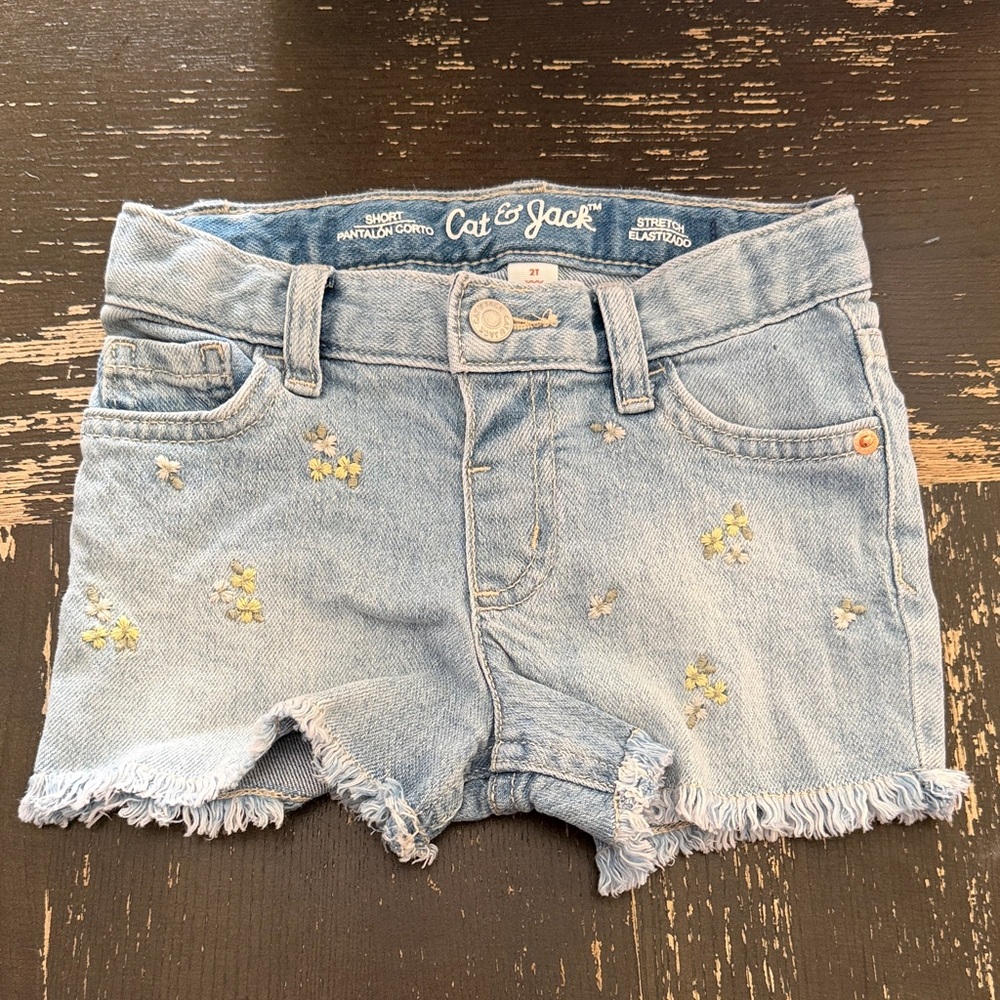 Cat & Jack Light Blue Denim Shorts with Yellow Floral Embroidery
